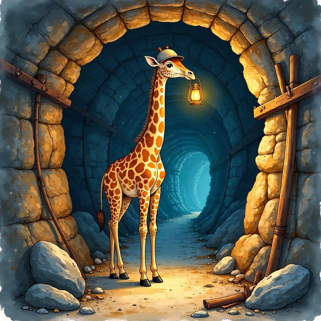 Watercolor Giraffe in a Mine: Subterranean Whimsy