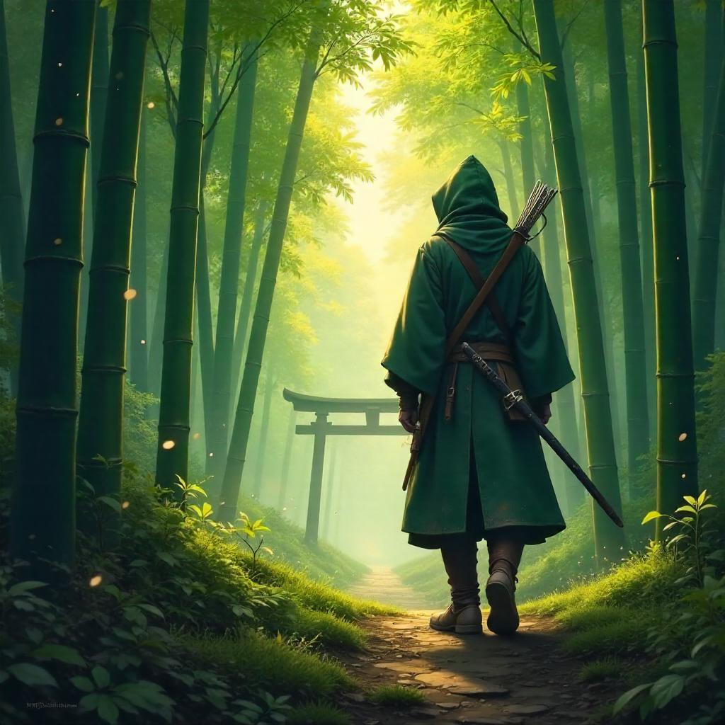 Feudal Japan Ranger in a Misty Bamboo Forest