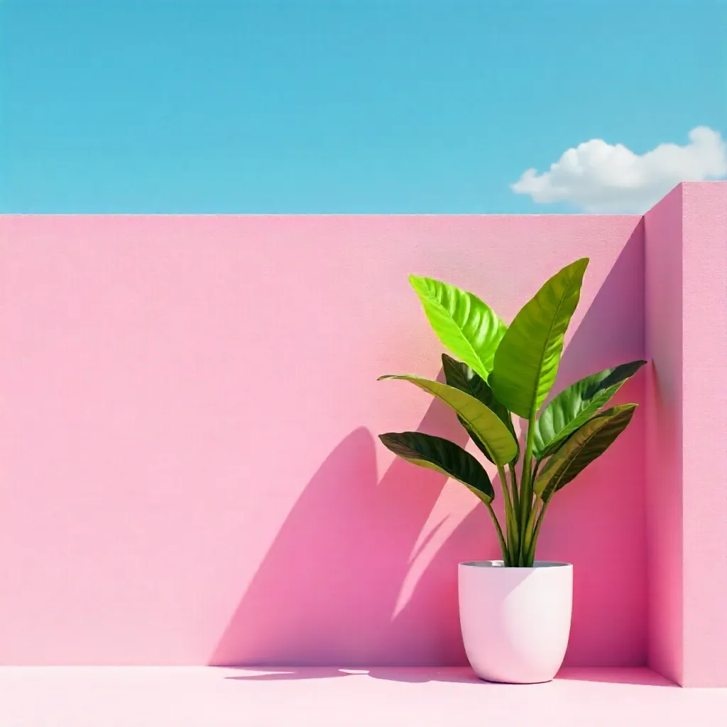 Modern Pink Wall with Lush Plant and Sky