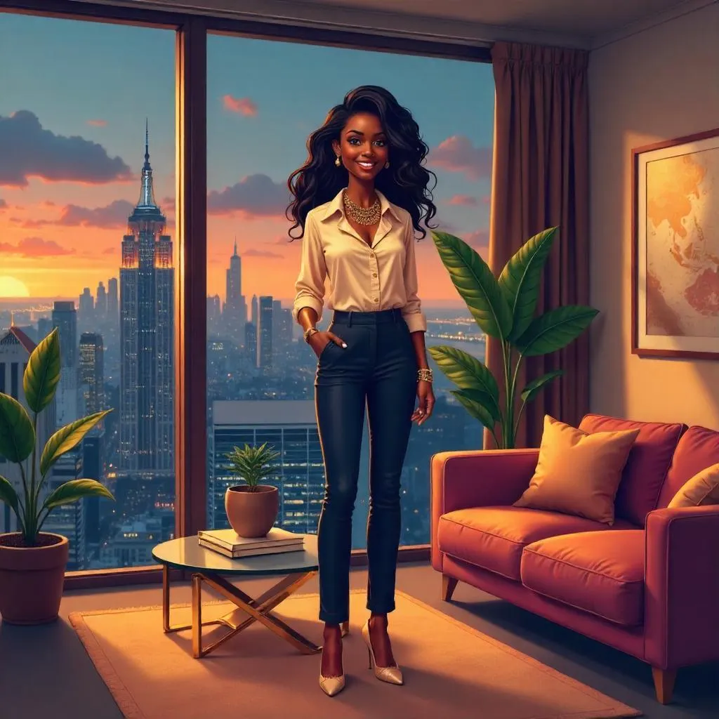 Elegant Black Woman in a Luxurious Penthouse - Cartoon
