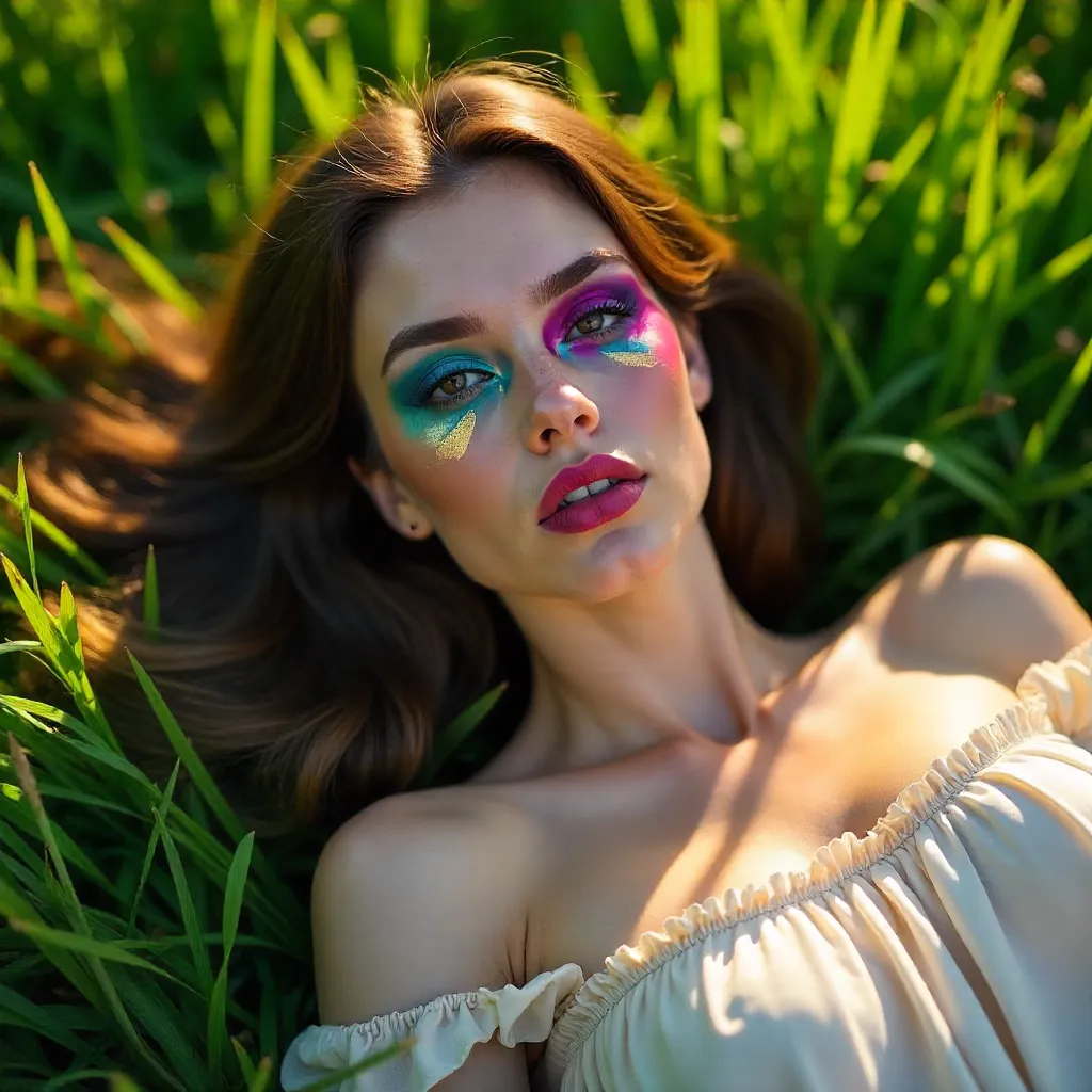 Dreamy Meadow Portrait with Vibrant Makeup