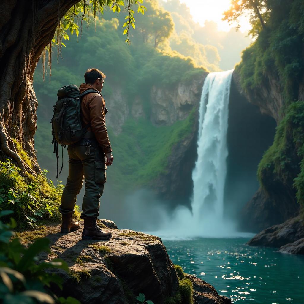 Explorer by the Waterfall: 3D Render