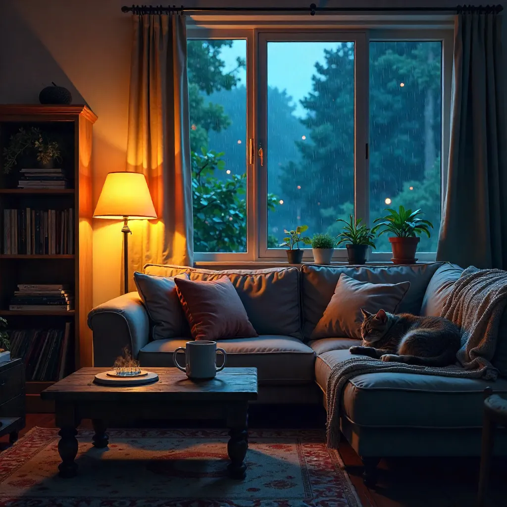 Chill Evening: Cozy Room with Rainy Glow