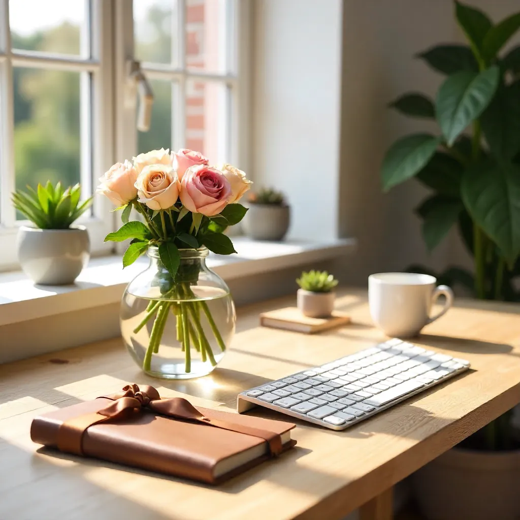 Chic Rose-Accent Office Desk with Gift, Notebook, and Keyboard