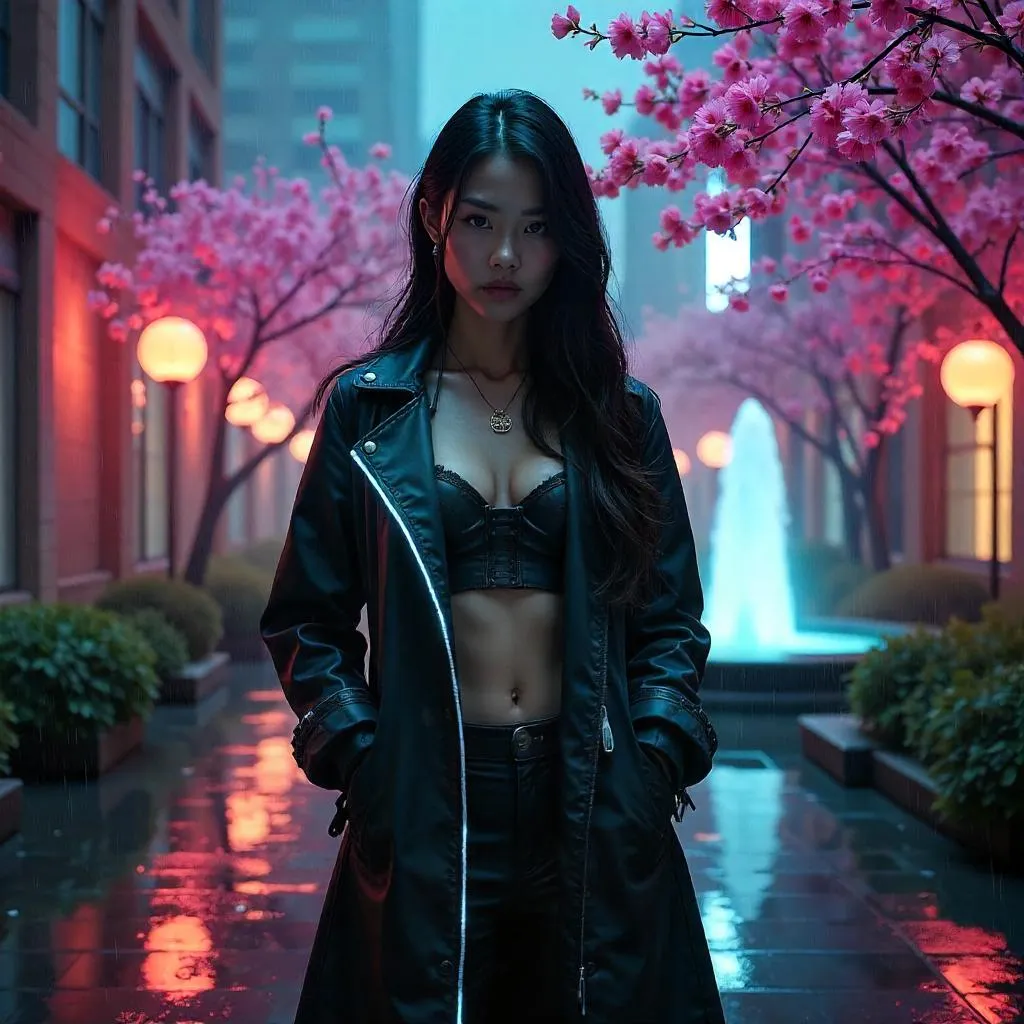 Neon Courtyard Cyberpunk Beauty in Neon Rain