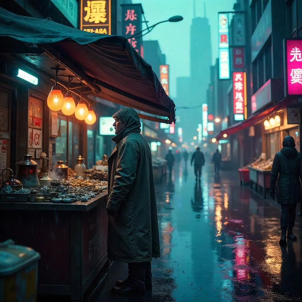 Rain-Soaked Cyberpunk Merchant in Neon Alley