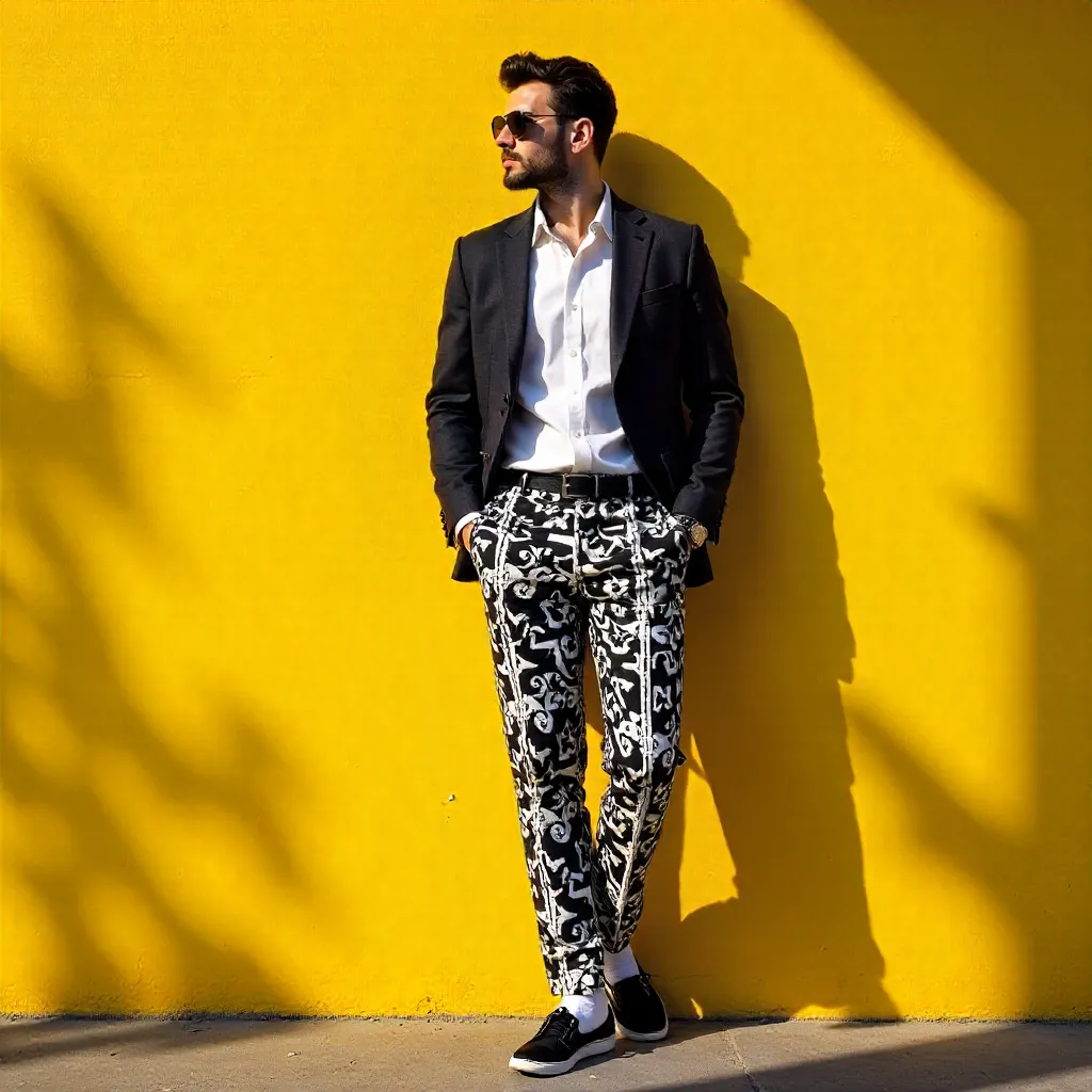 Portrait of a Stylish Man by a Vibrant Yellow Wall