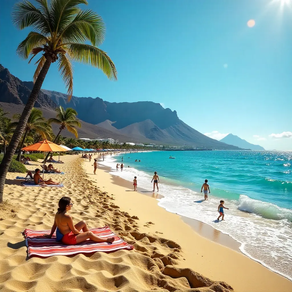 Vibrant Canary Island Beach: Sunbathers and Mountains