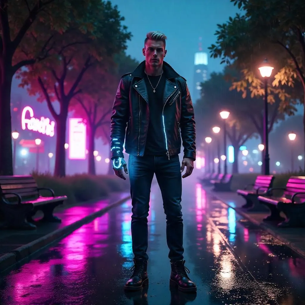 Handsome Cyberpunk Man in Neon Park