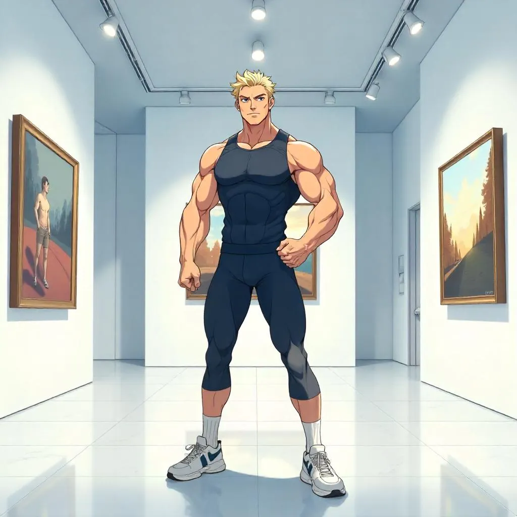 Athletic White Man in an Anime Art Gallery Scene