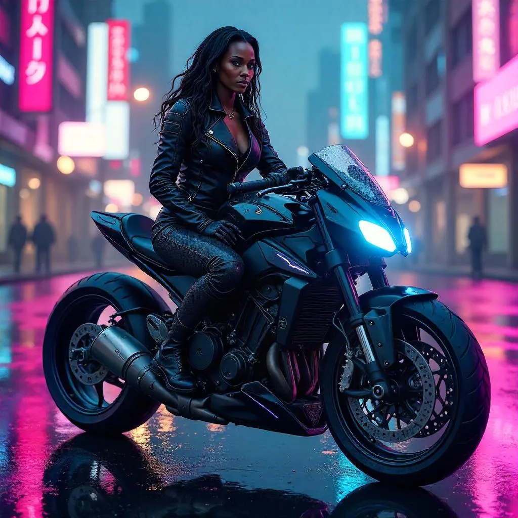 Confident Black Woman on a Futuristic Motorcycle
