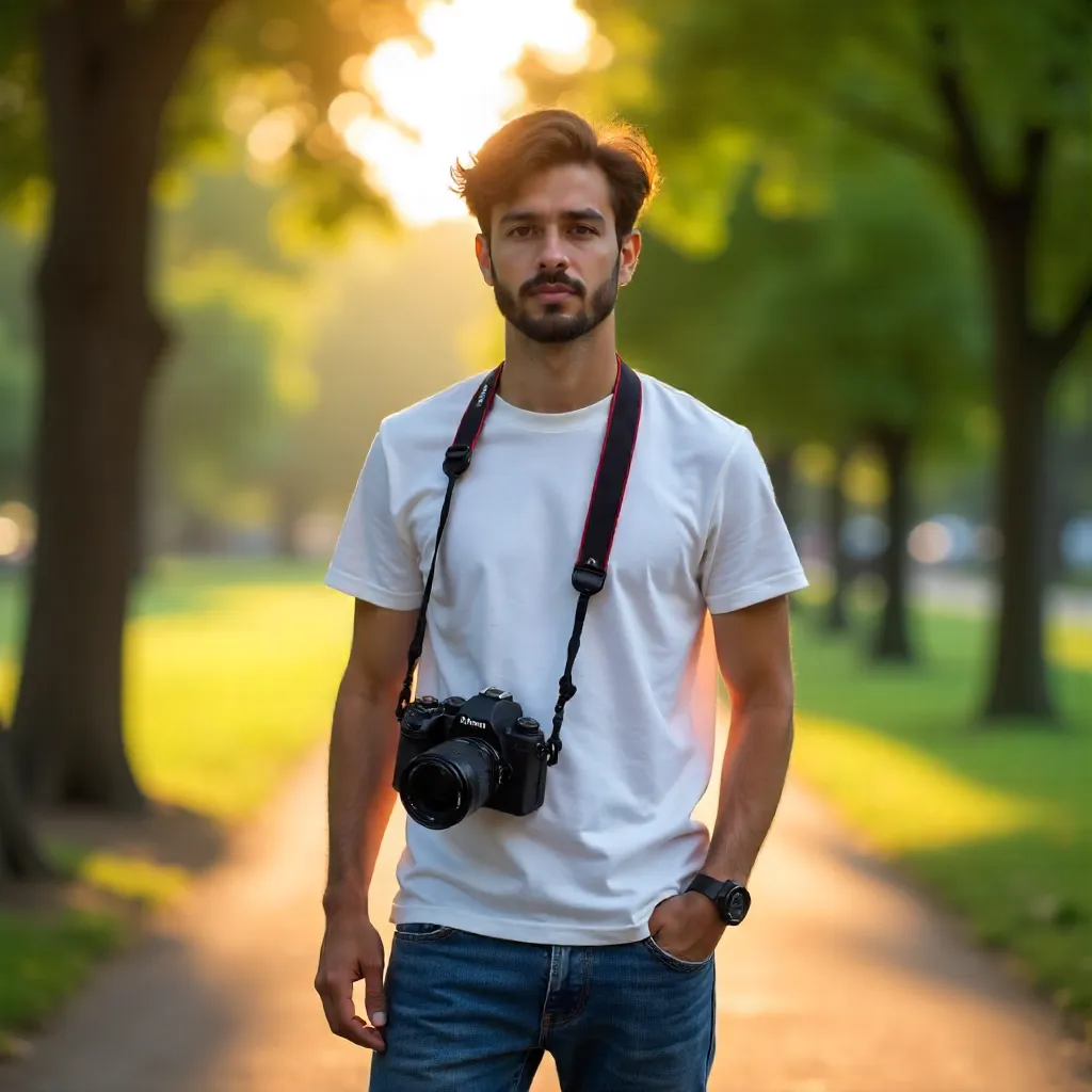 DSLR Hanging from the Neck in a Casual Outdoor Portrait