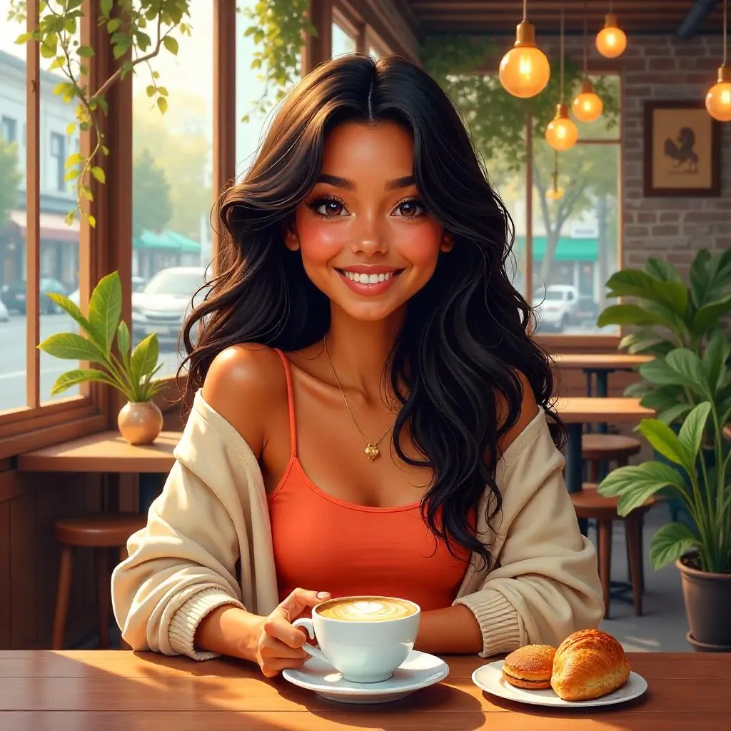 Cheerful Latina in a Cozy Café (Digital Art)
