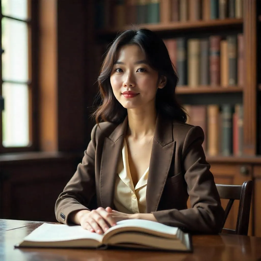 Photorealistic portrait of an Asian woman in a library