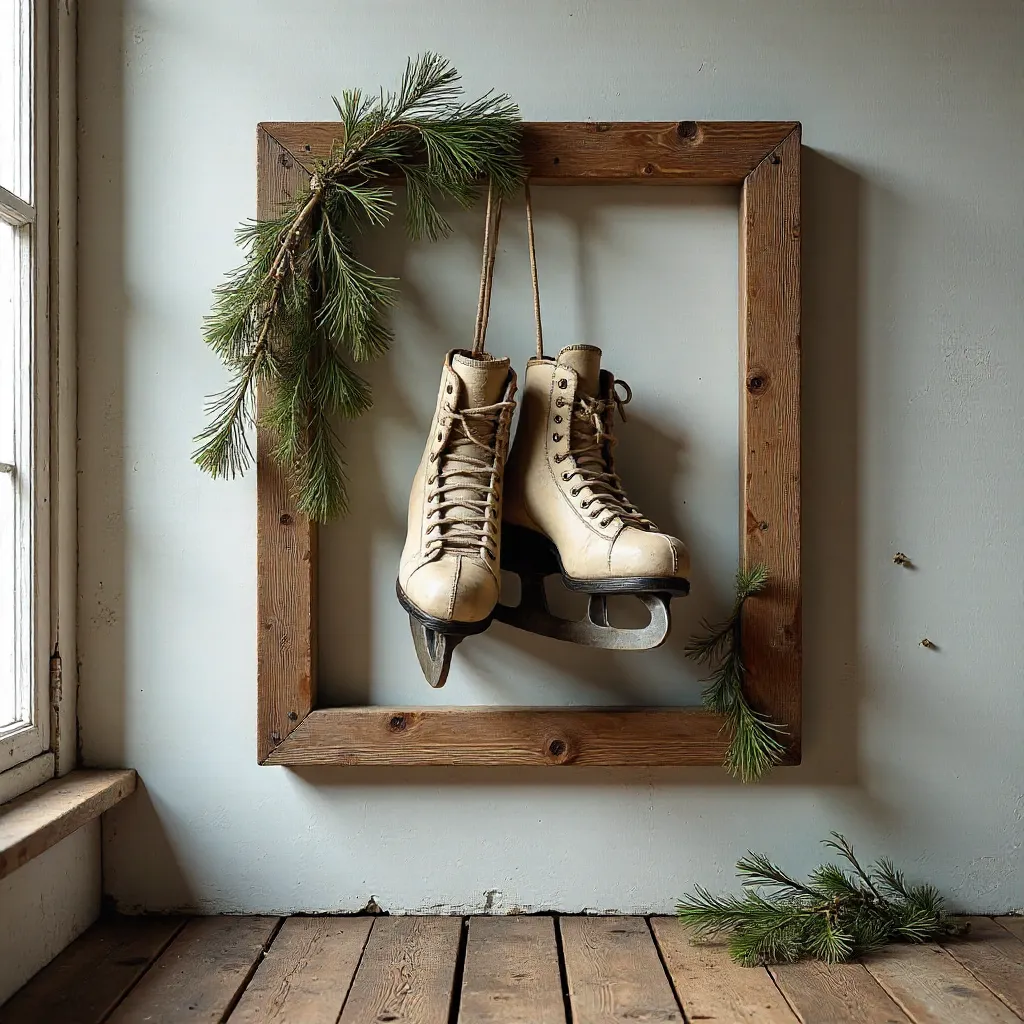 Old Ice Skates in a Wooden Frame on Rustic Wall