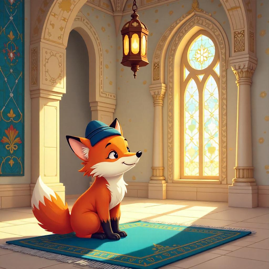 Cheerful Cartoon Fox in a Mosque Interior