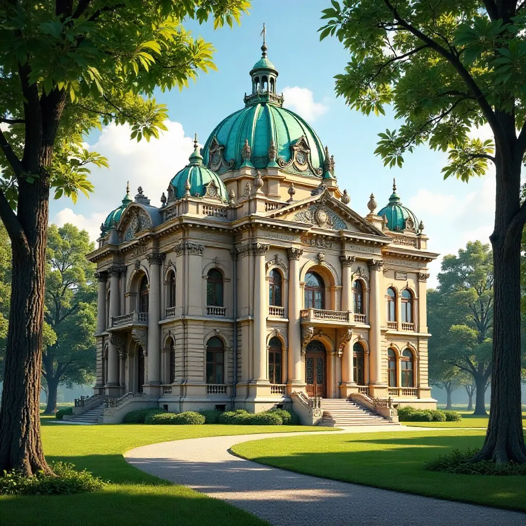 Green-Domed Classic Building in a Tree-Lined Park