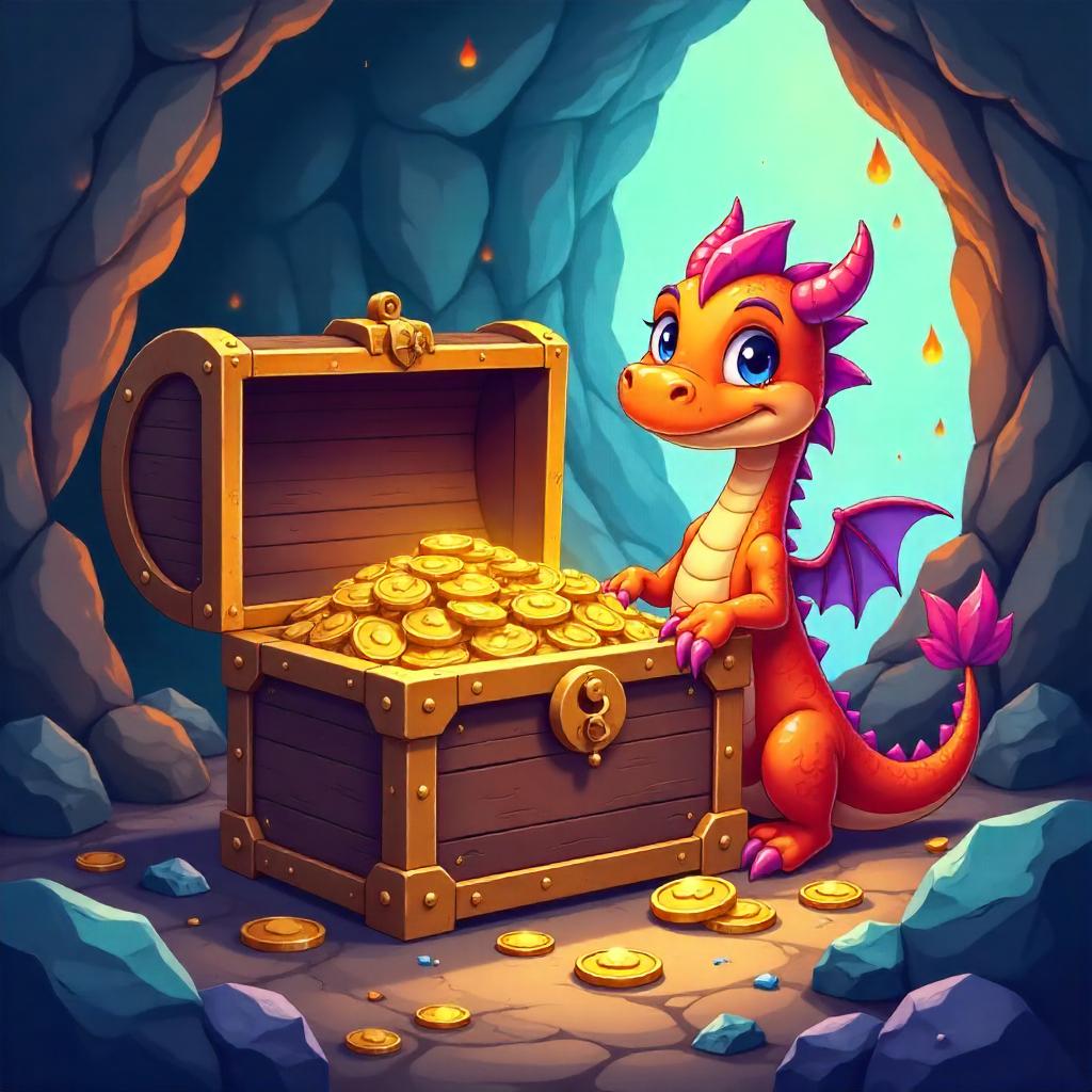 Cartoon Treasure Chest in a Dragon's Lair