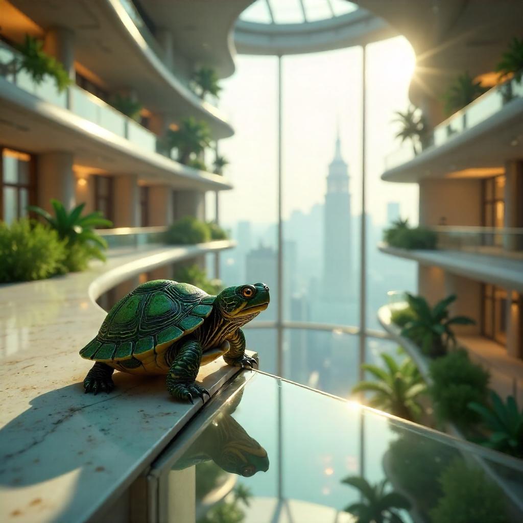 3D Rendered Turtle in a Modern Skyscraper Atrium