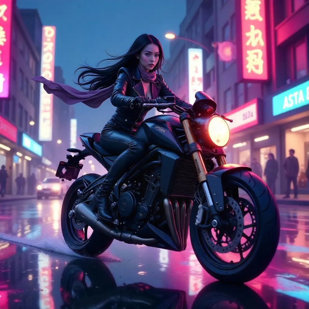 Elegant Asian Woman on a Neon Motorcycle – Anime Style