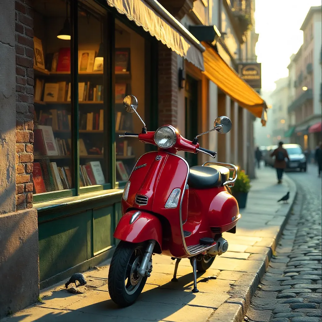 Red Vintage Scooter by a Sunlit Bookstore