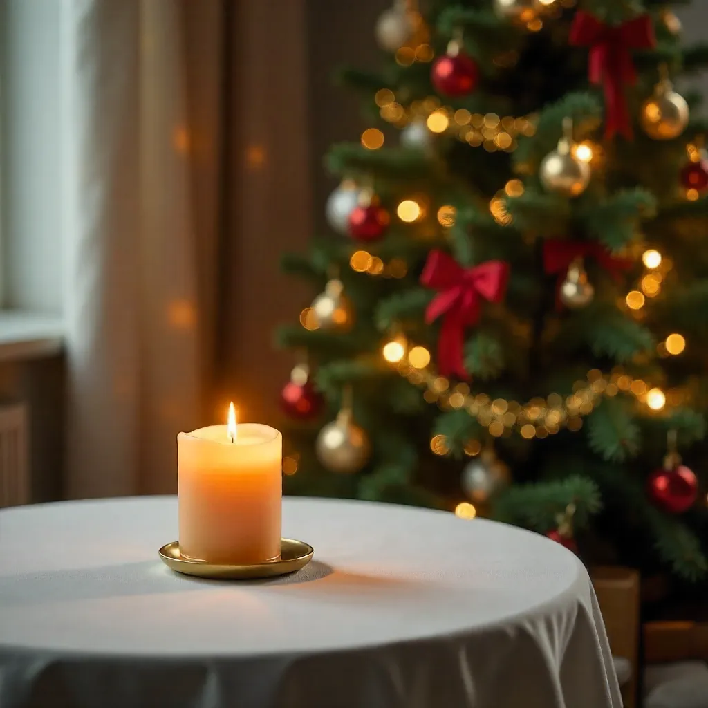 Festive Candle by Decorated Fir on White Round Table
