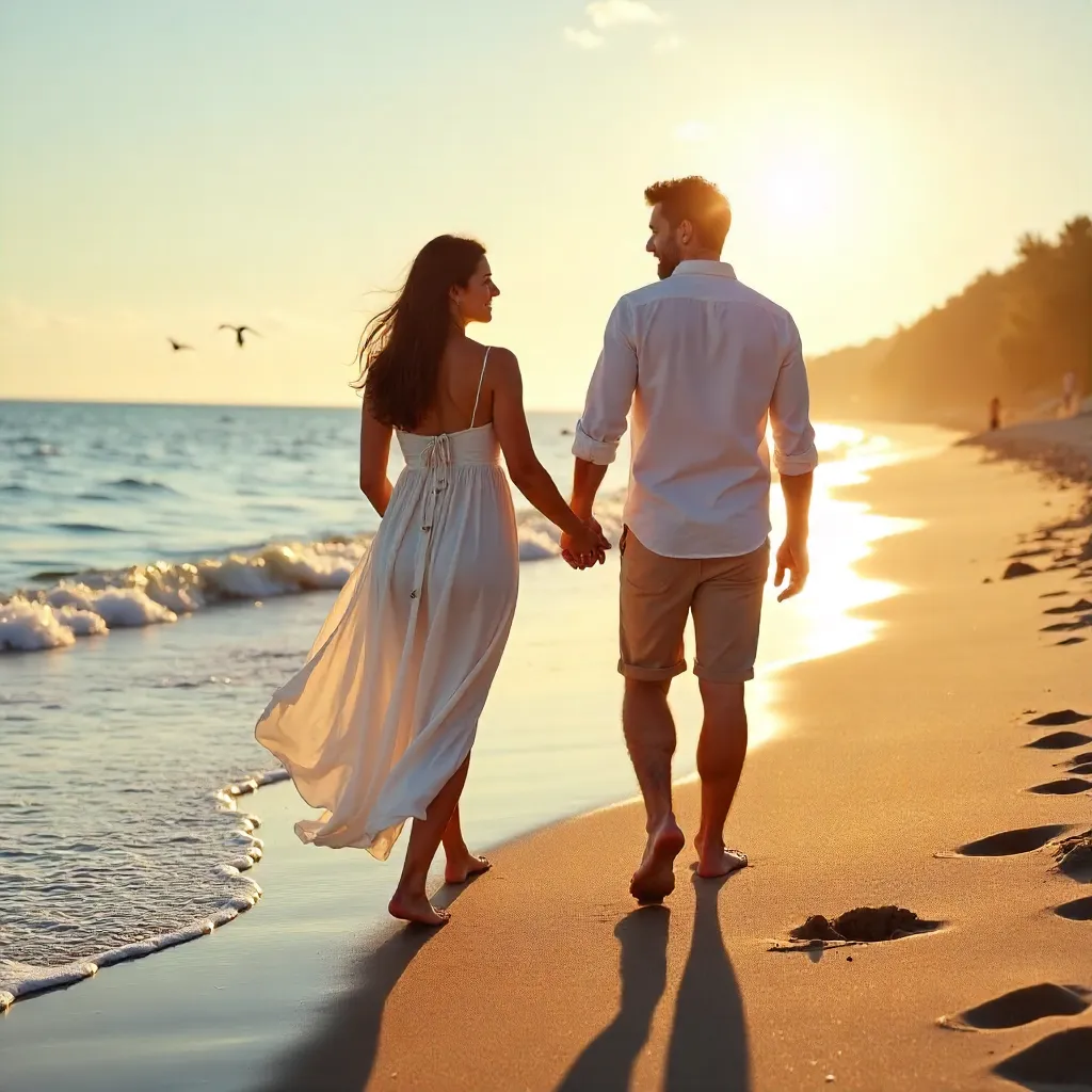 Sunlit Beach Stroll: Pregnant Couple Holding Hands