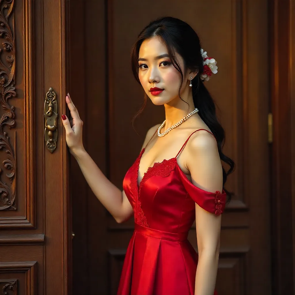 Elegant Asian Woman in a Red Dress by Ornate Wooden Door