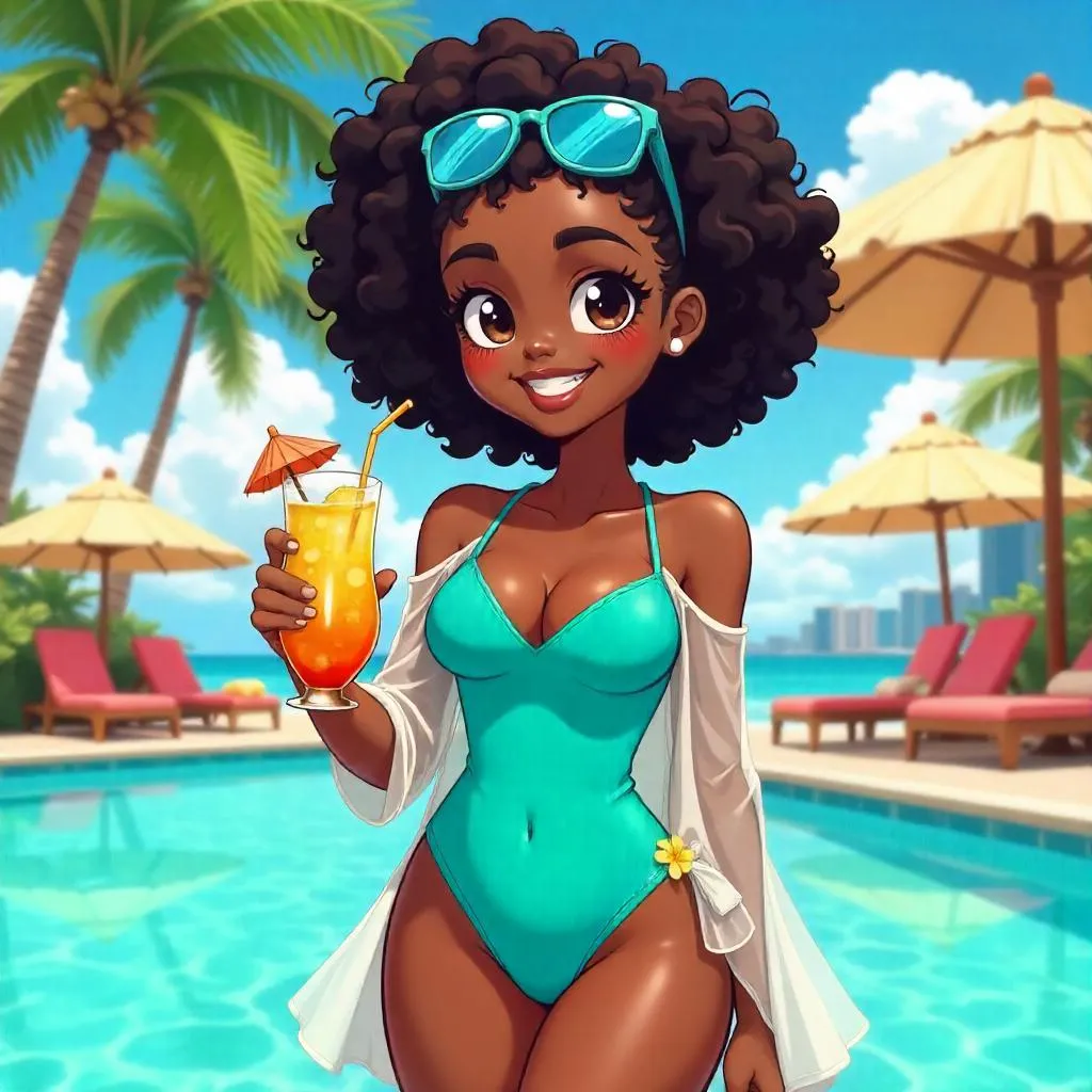 Cheerful Anime-Style Black Girl at a Tropical Resort