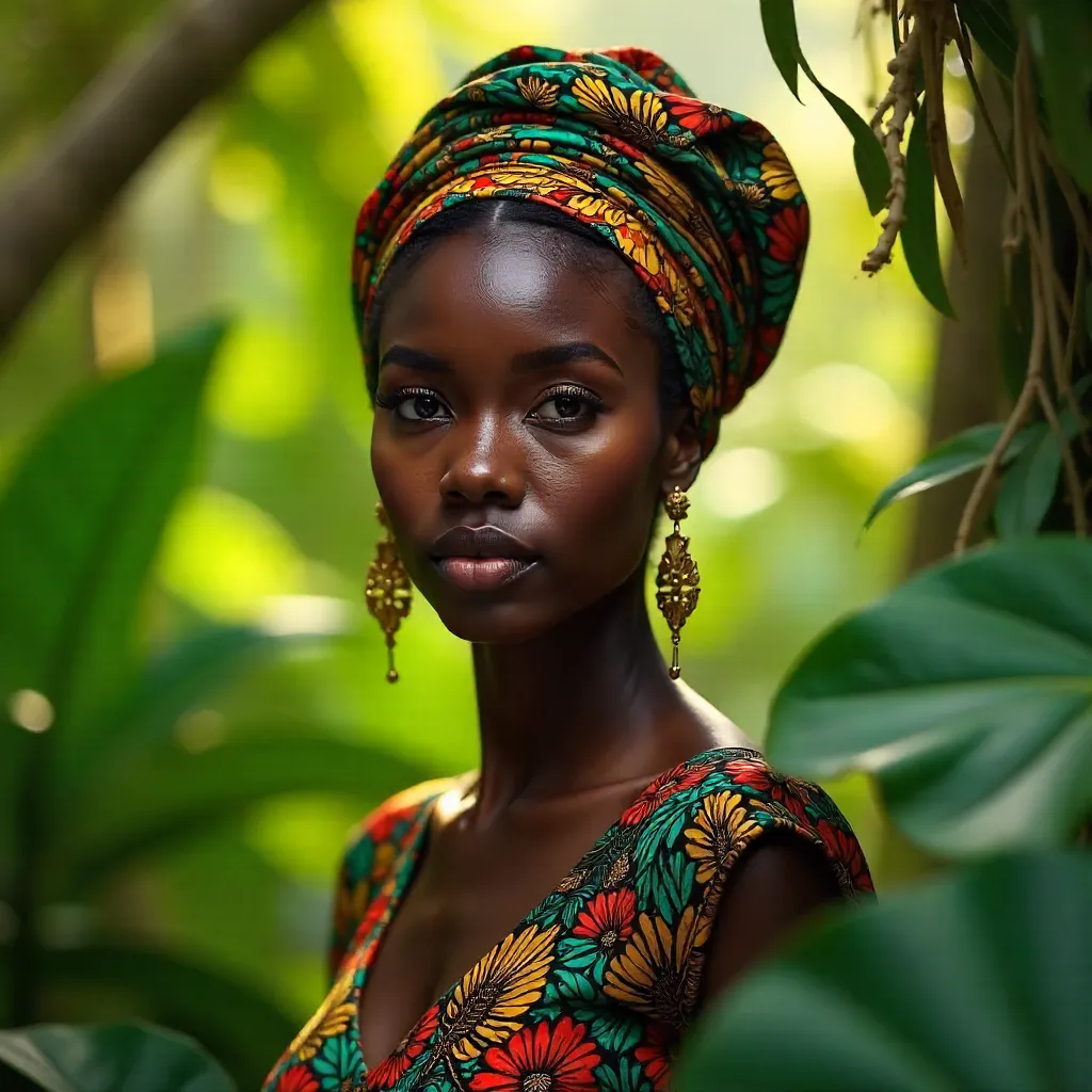 Portrait of a Woman in a Vibrant African Headwrap Amid Greenery