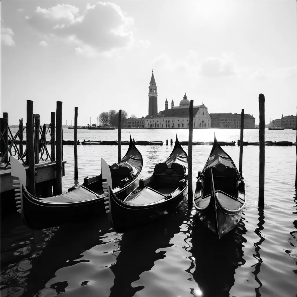 Timeless Black-and-White Venice Gondolas and Skyline