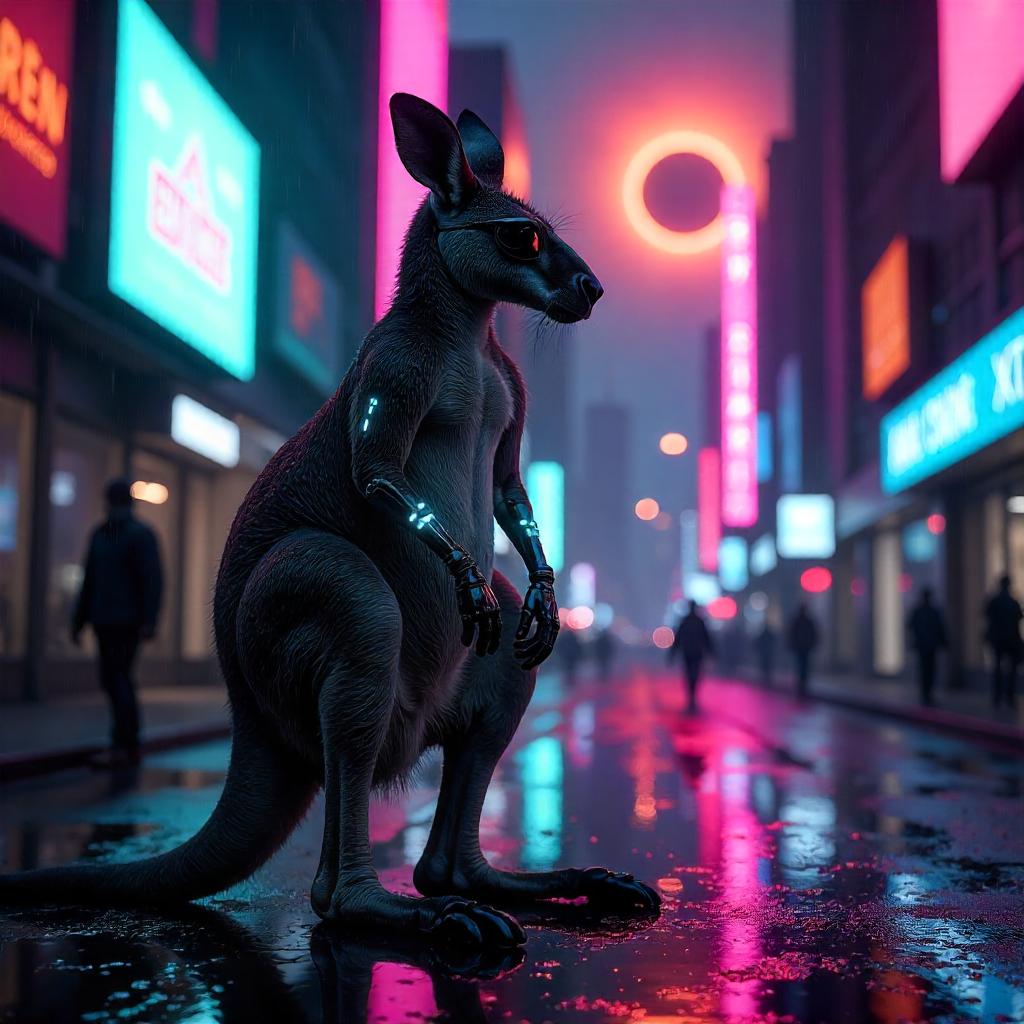 Cyberpunk Kangaroo Under a Neon Eclipse