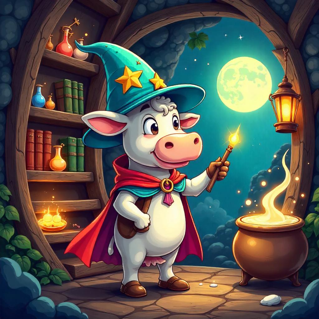 Cow Wizard in a Whimsical Tower of Magic