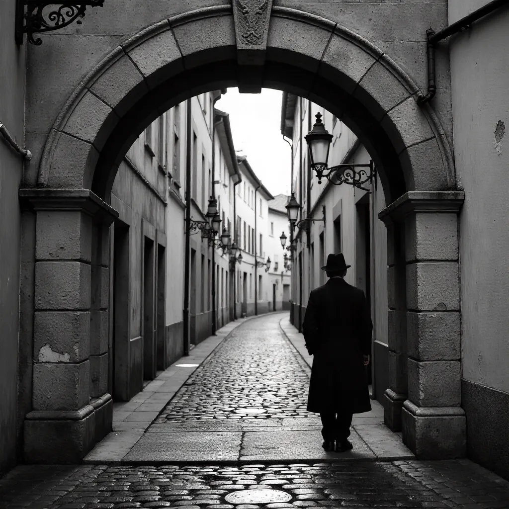 Solitary Figure under a Pau Archway in Monochrome