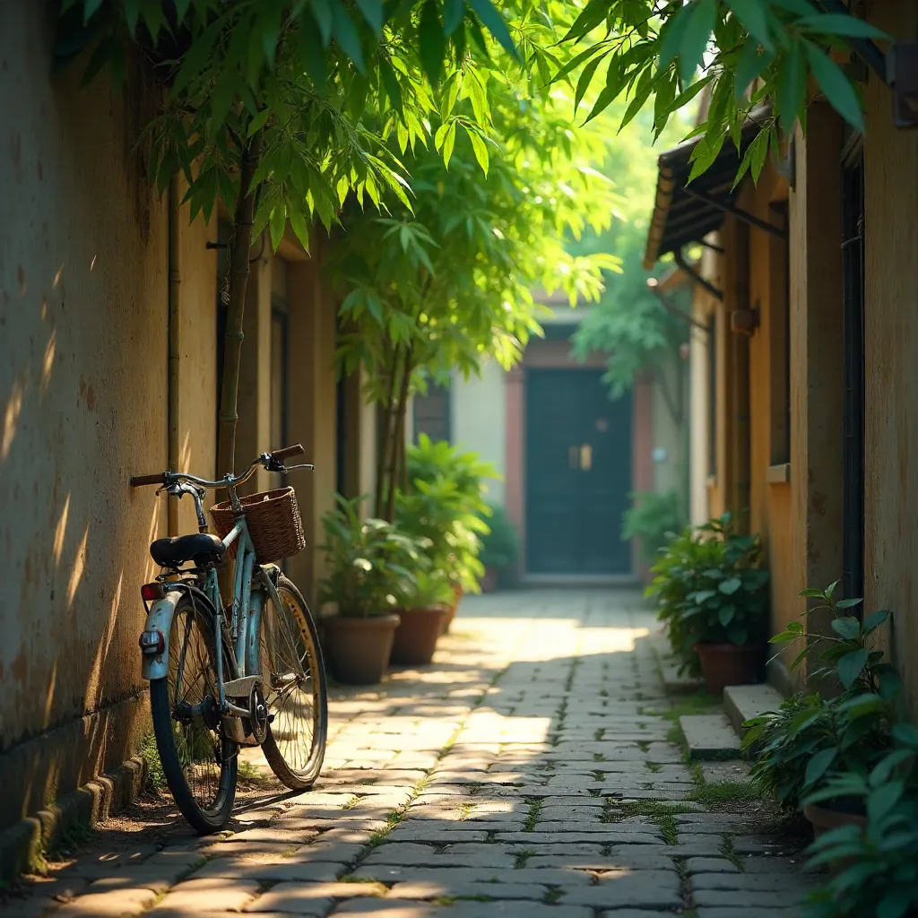 Tranquil Hà Nội Alley: Bamboo and Vintage Bicycle