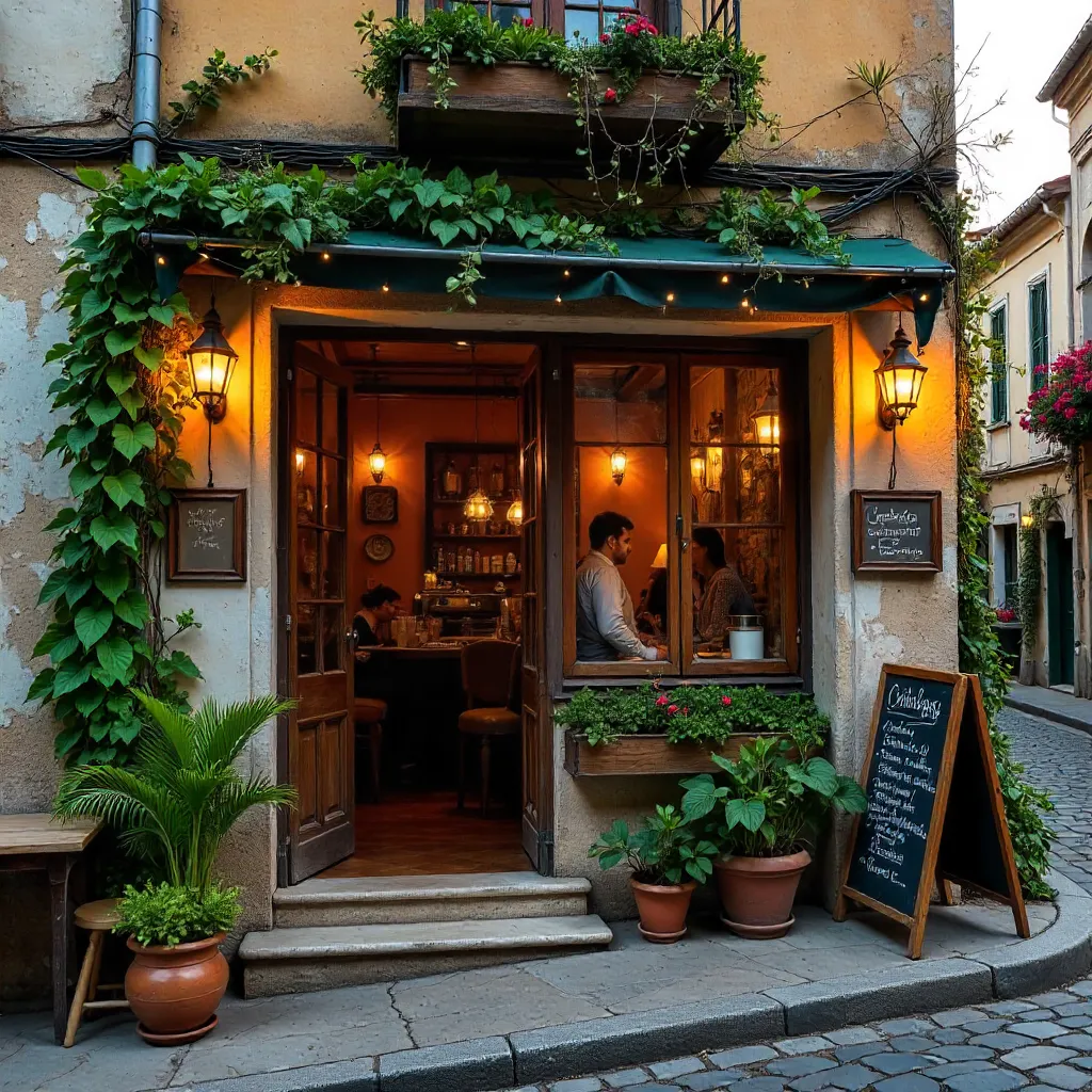 Vintage Exterior Cafe Shrouded in Lush Greenery