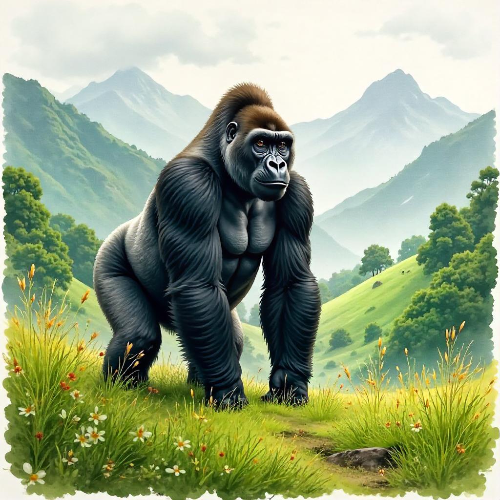Watercolor Highland Gorilla in Mist