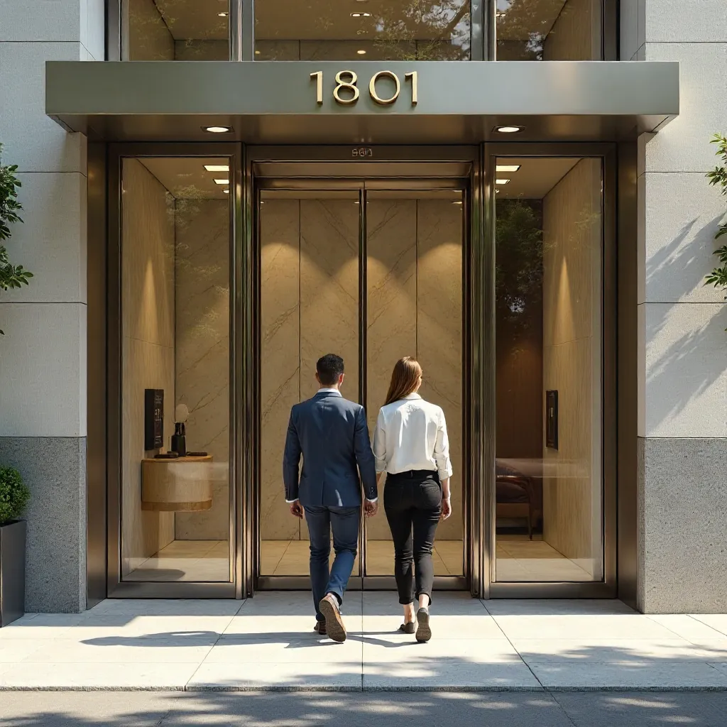 Two People Enter the Modern 1801 Building Entrance