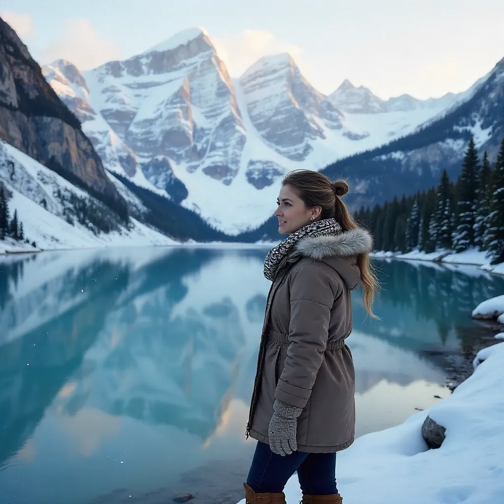 Woman in Winter Attire by the Glacier Lake