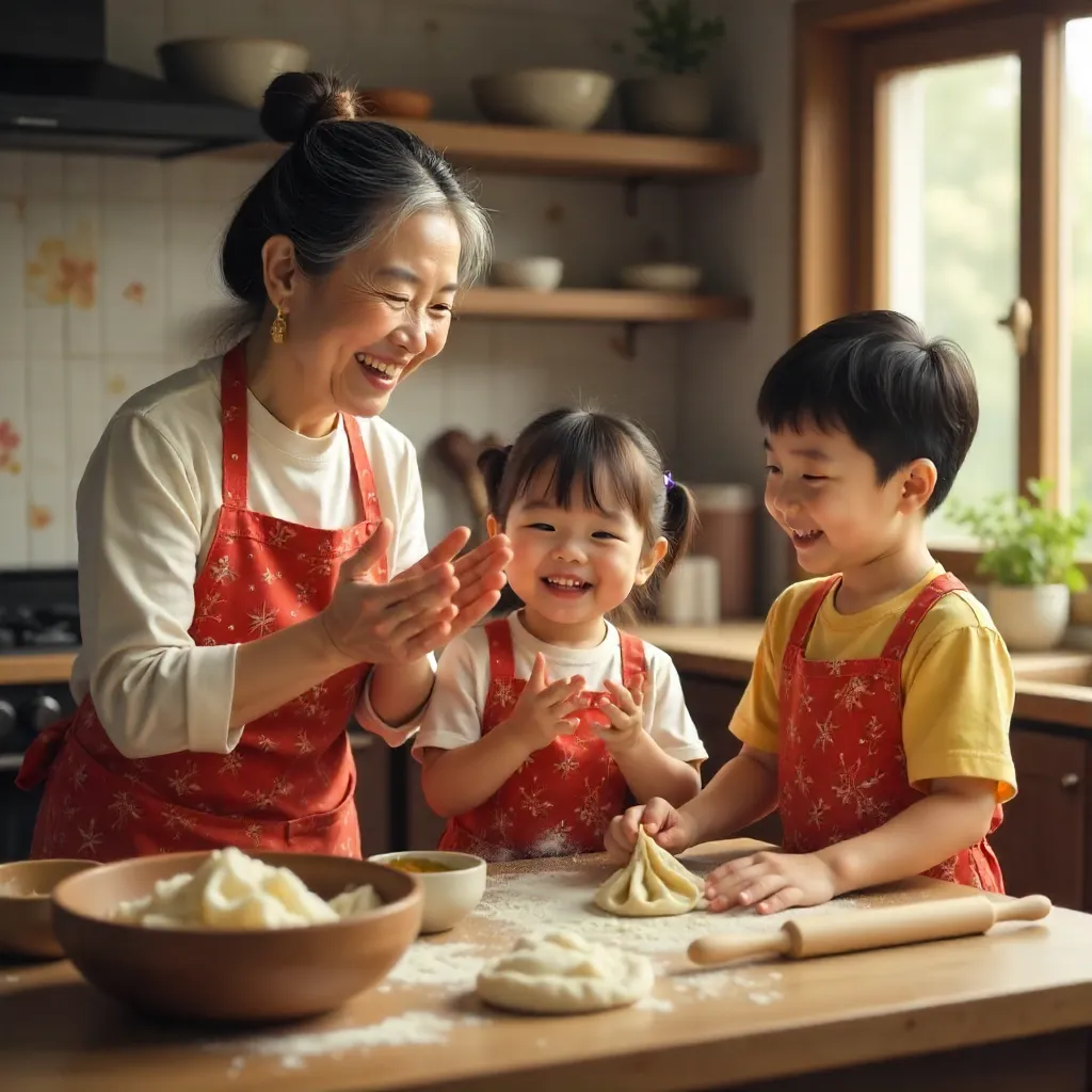 Wholesome three-generation jiaozi night in a warm kitchen