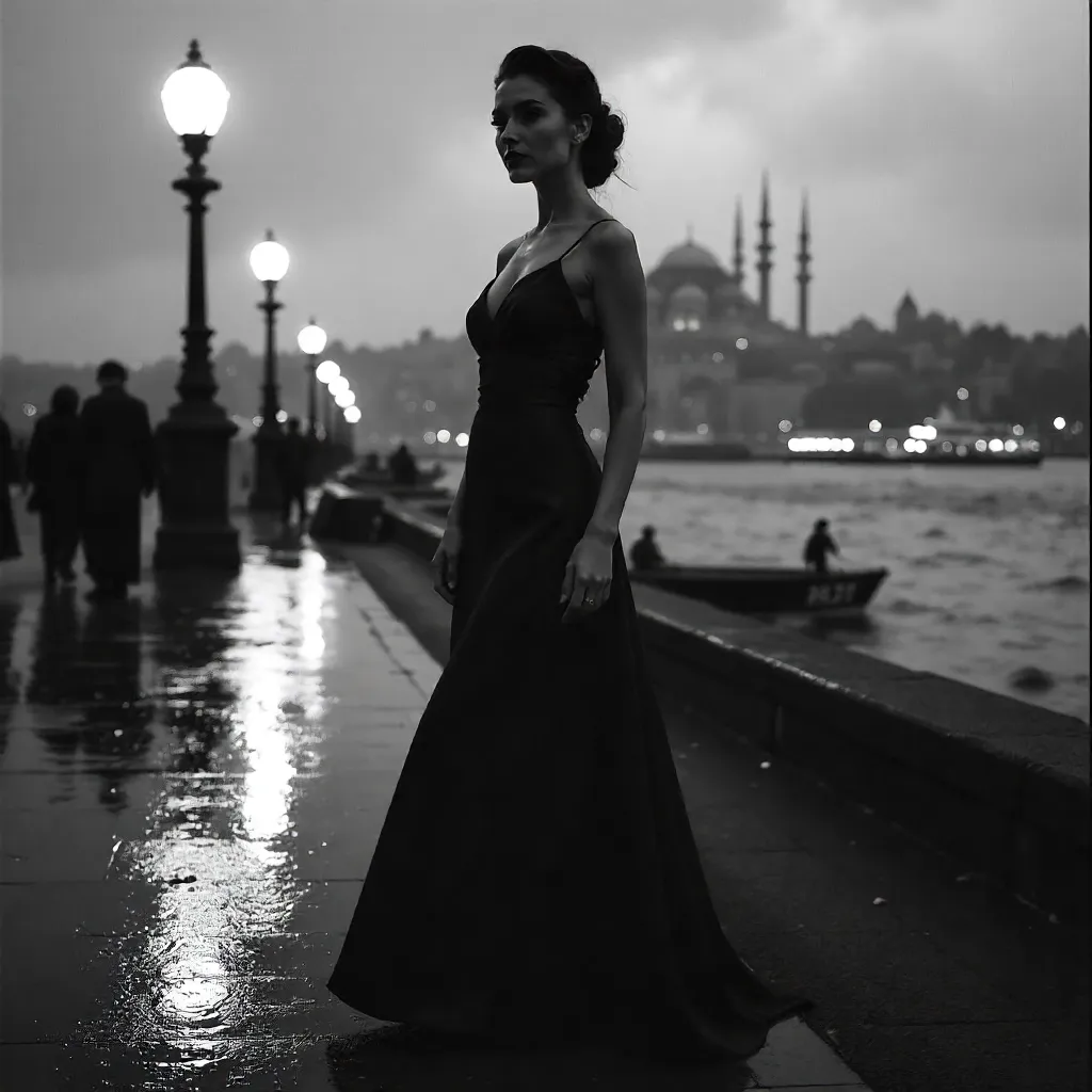 Noir Portrait at Istanbul Waterfront: Mystery and Elegance