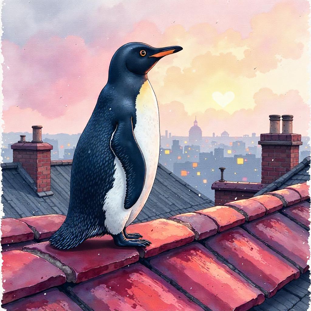 Penguin on a Rooftop: Watercolor Nightscape