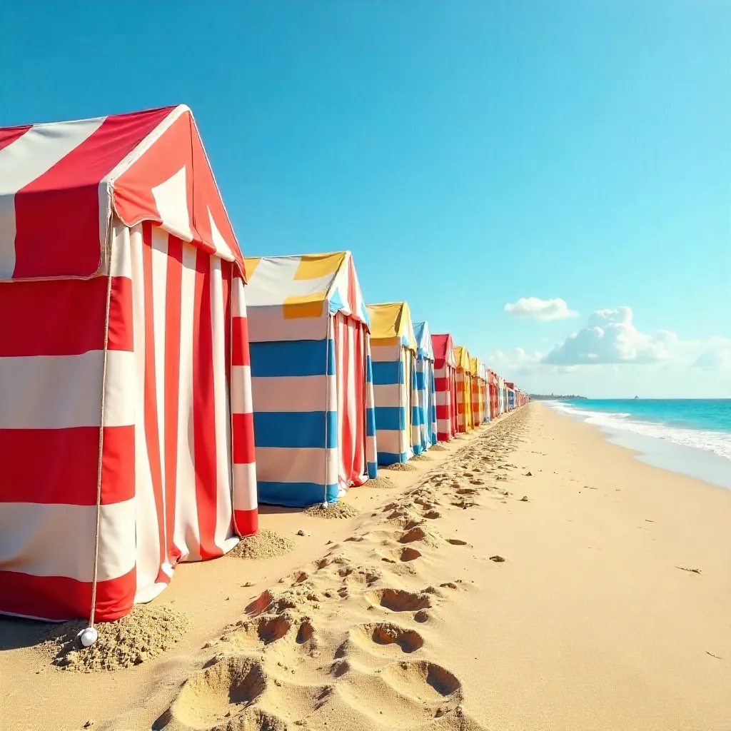 Striped Beach Tents Along a Sunny Shoreline