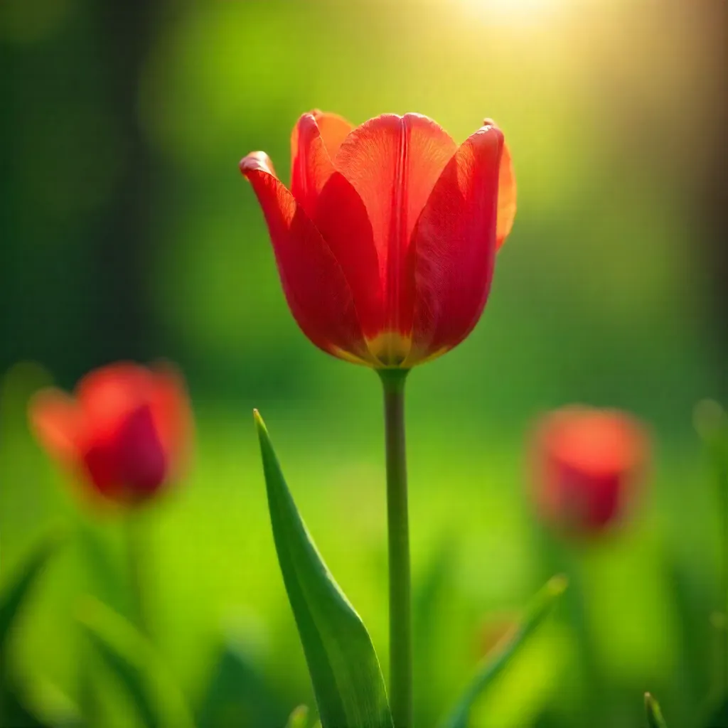 Alone Red Tulip Amid Lush Spring Greens