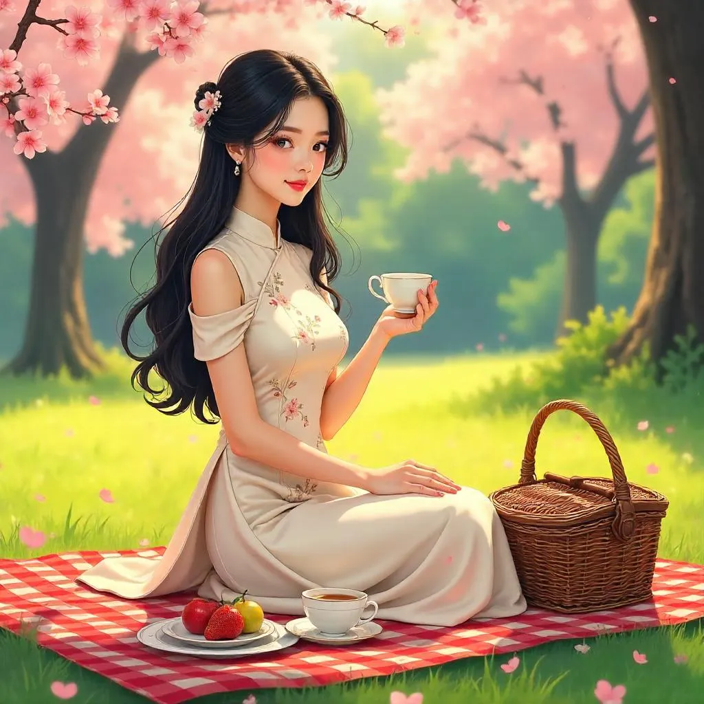 Elegant Asian Woman at a Picnic - Anime Style