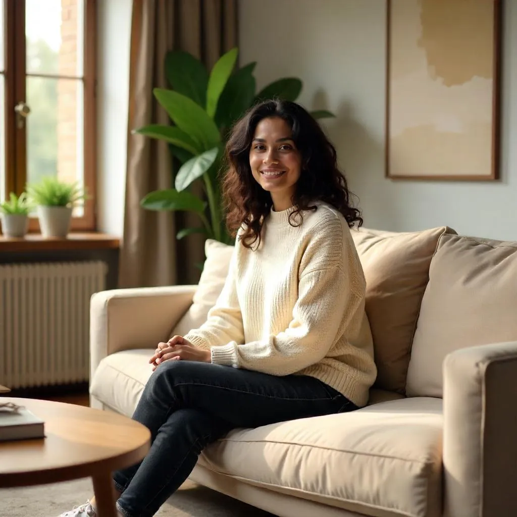 Photorealistic Latina in a Cozy Living Room