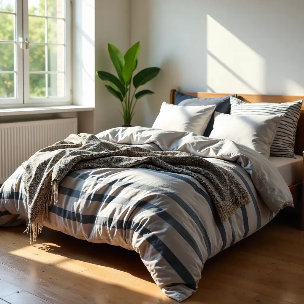 Cozy Unmade Bed with Striped Bedding in Sunlit Bedroom