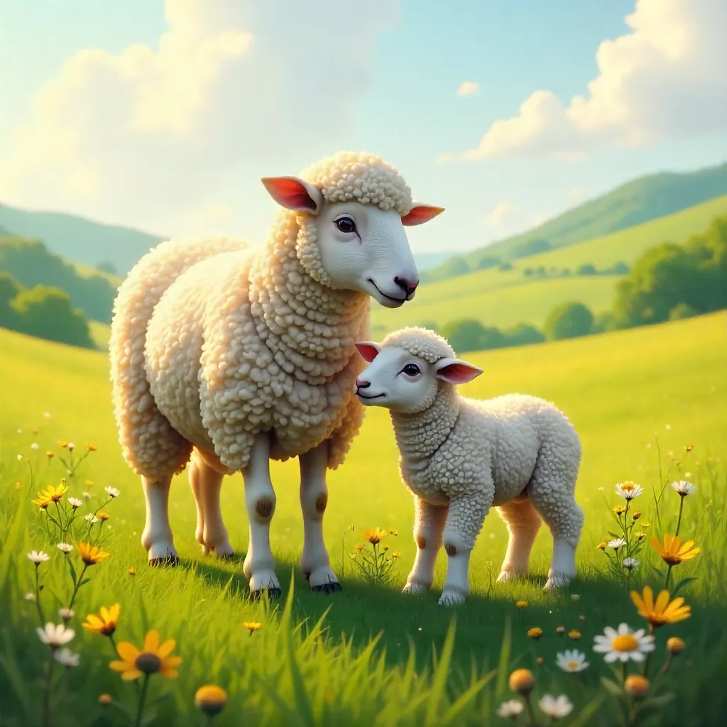 Nurturing Sheep and Lamb in a Lush Meadow