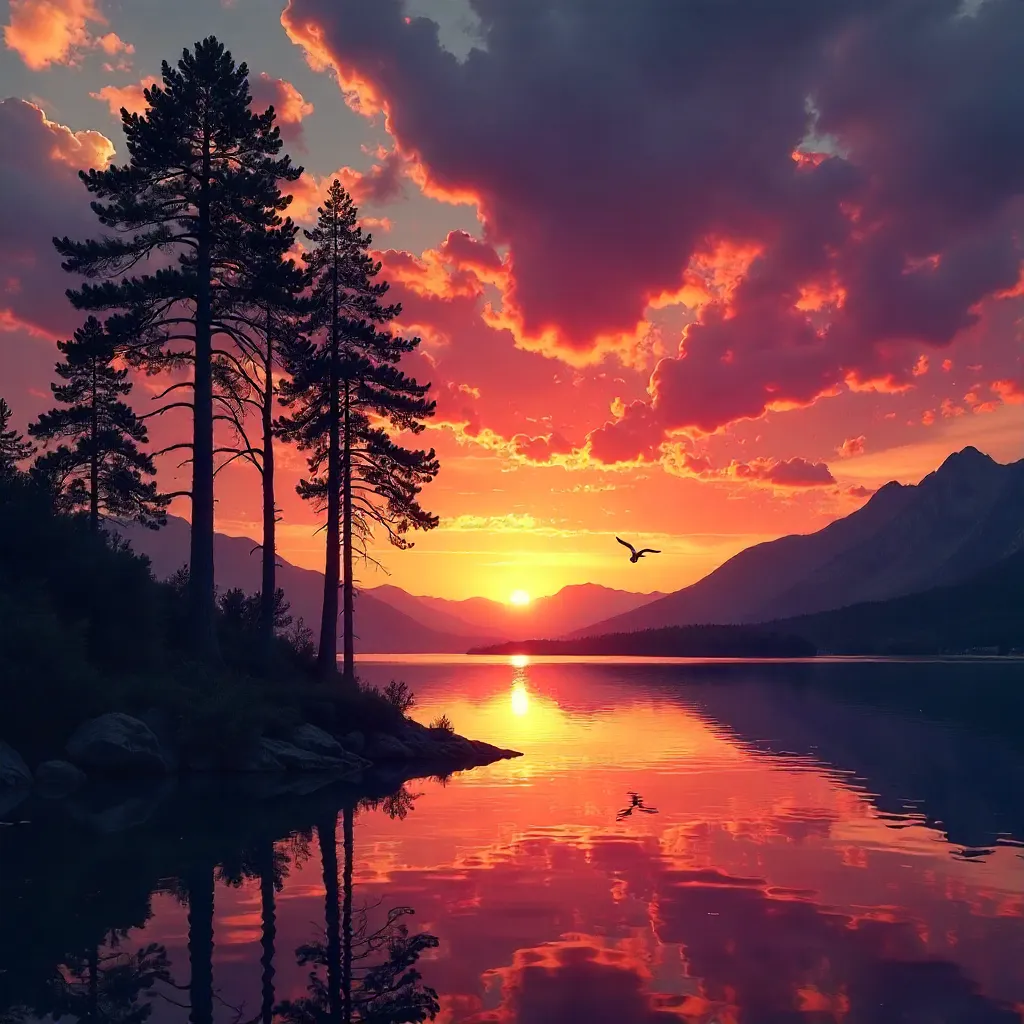 Silhouetted Trees Beneath a Dramatic Sunset Sky