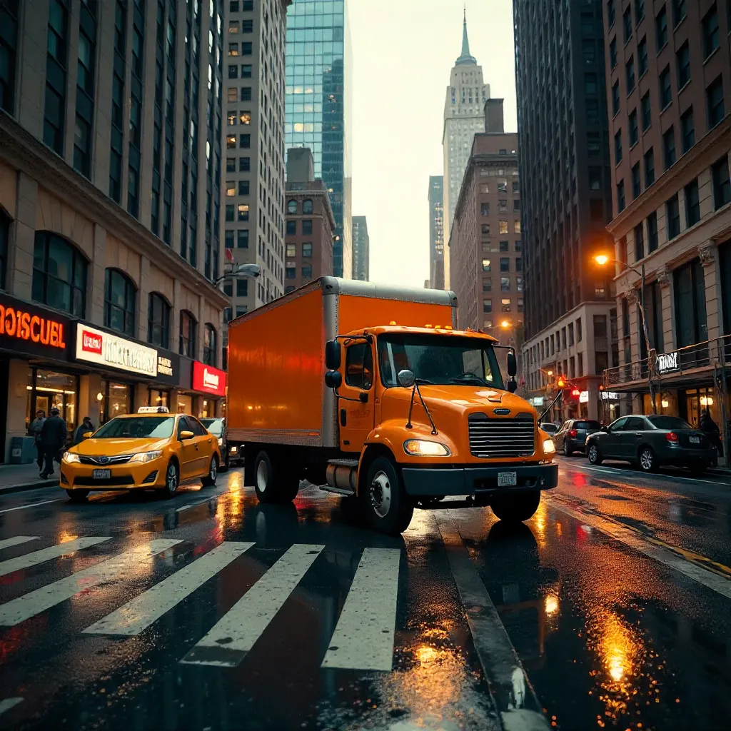Orange Delivery Truck in Manhattan's Towering Skyline